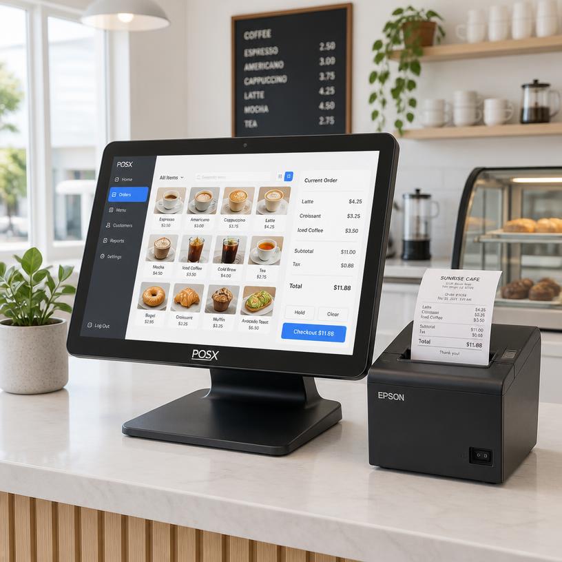 Touchscreen POS terminal on a cafe counter