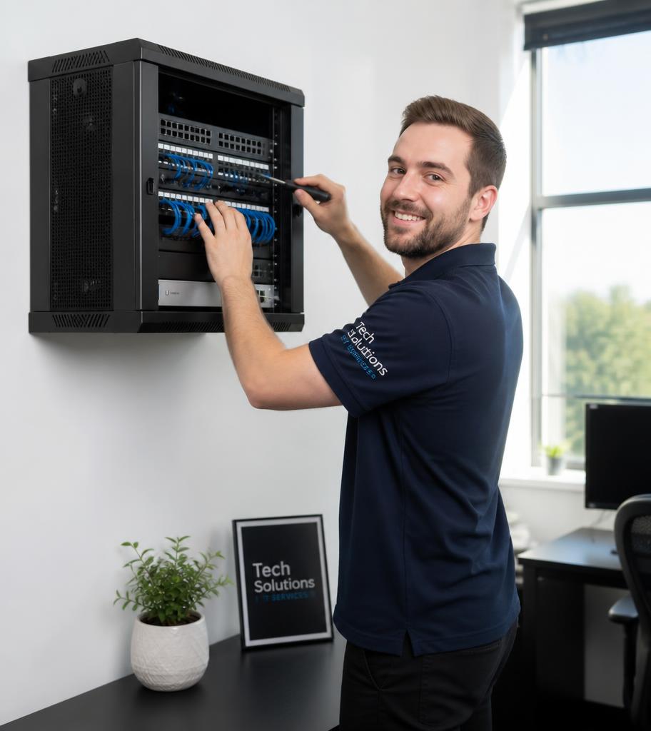 Technician installing a wall-mounted network rack in a small office